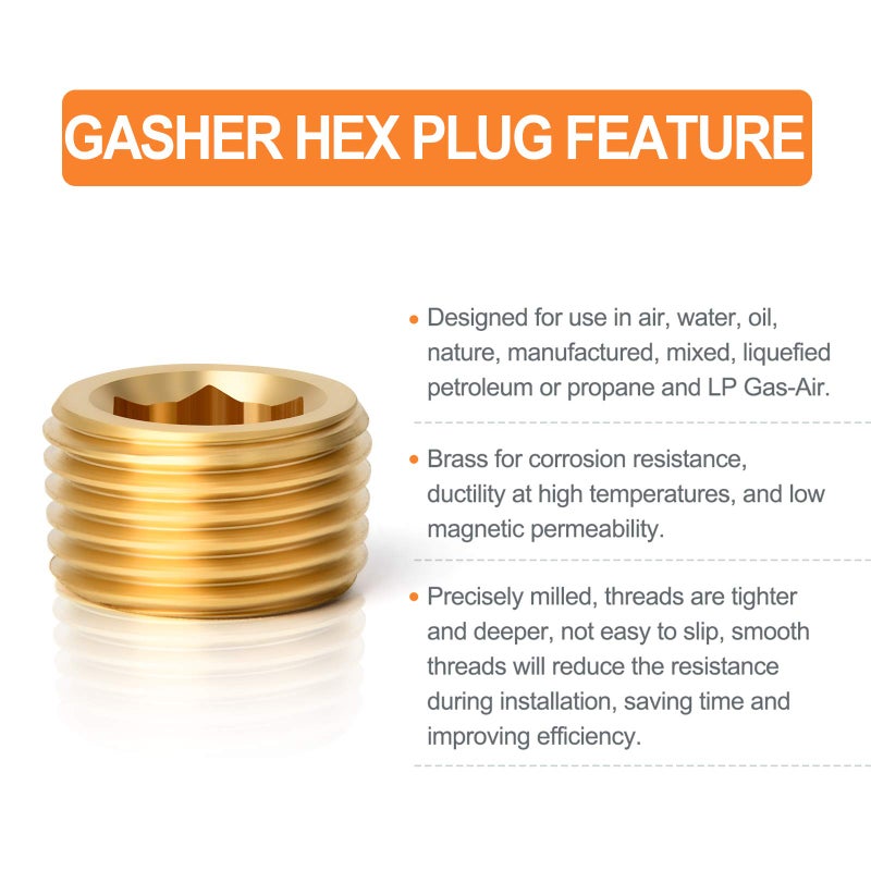GASHER 25Pcs Brass Pipe Fitting,1/8" 1/4" 3/8" 1/2" 3/4" NPT Brass Internal Hex Thread Socket Pipe Plug Set - Image 5